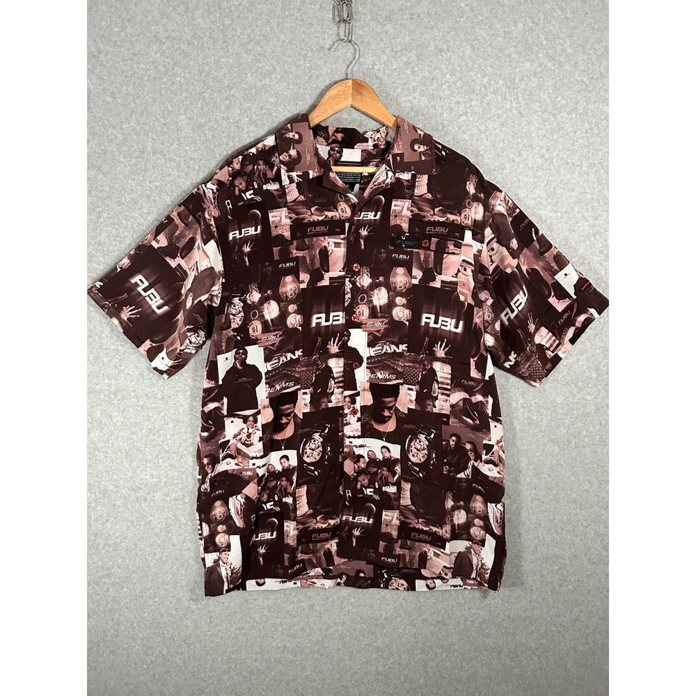 FUBU Button Down Shirt Mens XL Brown Photo Collage Print Short Sleeve VTG Y2K
